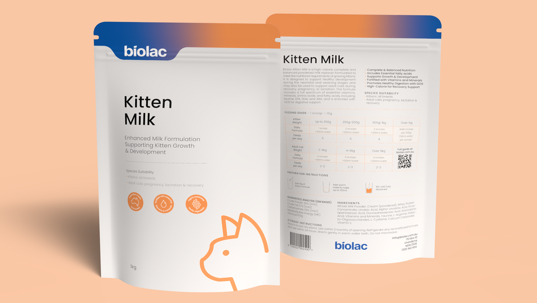 Biolac Kitten Milk packaging on a peach background