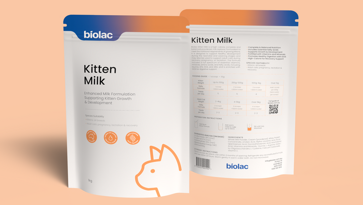 Biolac Kitten Milk packaging on a peach background