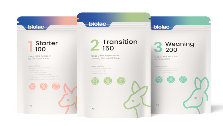 Three Biolac pet food packages labeled 'Starter 100', 'Transition 150', and 'Weaning 200' on a white background.
