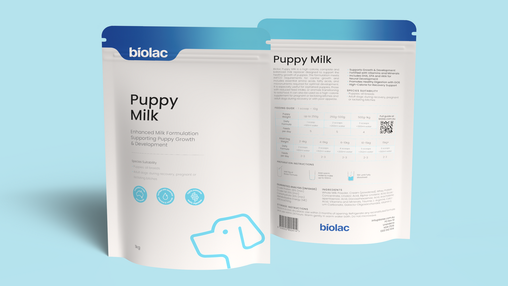 Biolac Puppy Milk packaging on a light blue background