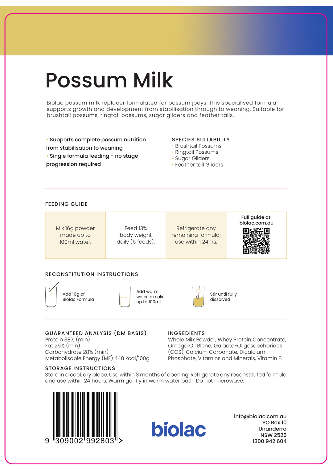 Biolac Possum Milk Replacement Formula